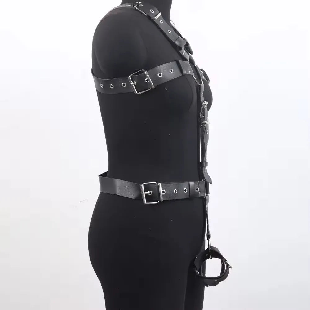 Black imitation leather waist shaping belt with a thin strap and adjustable pin buckle.