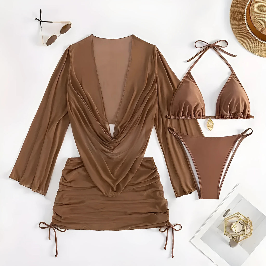 Women's dark brown lace-up front bikini swimsuit with backless design