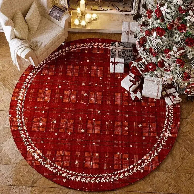 Round red Christmas floor mat with non-slip backing, shown in velvet pile texture.