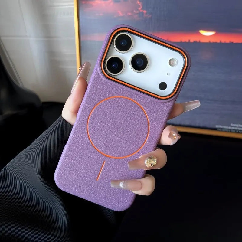 Magnetic ring TPU phone case with embossed lychee pattern in black for iPhone series