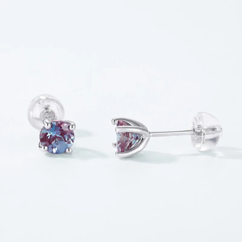 Round geometric silver ear studs with cultivé Alexandrite stone for women