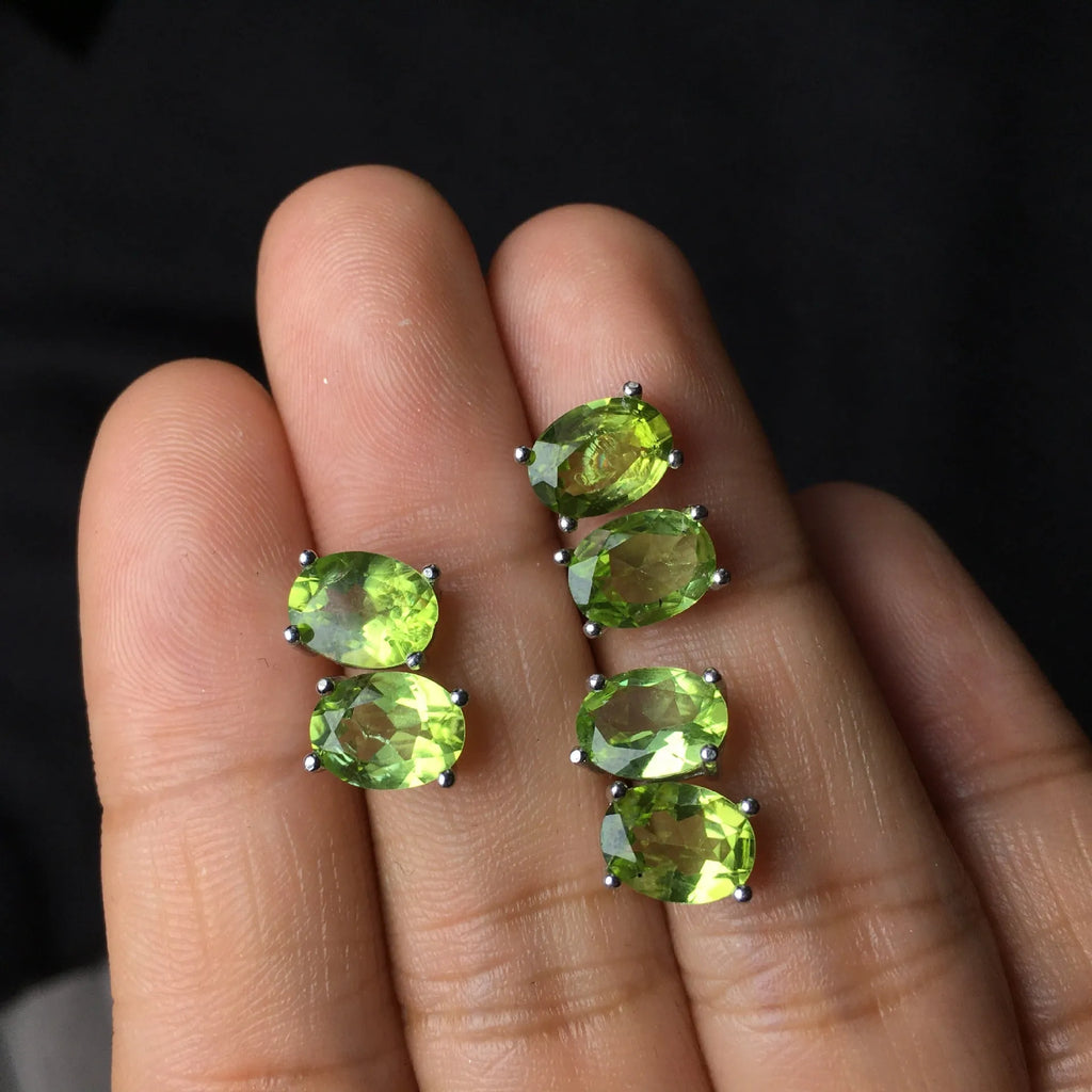 Natural grass green olivine stud earrings in S925 sterling silver with 6x8mm oval stone