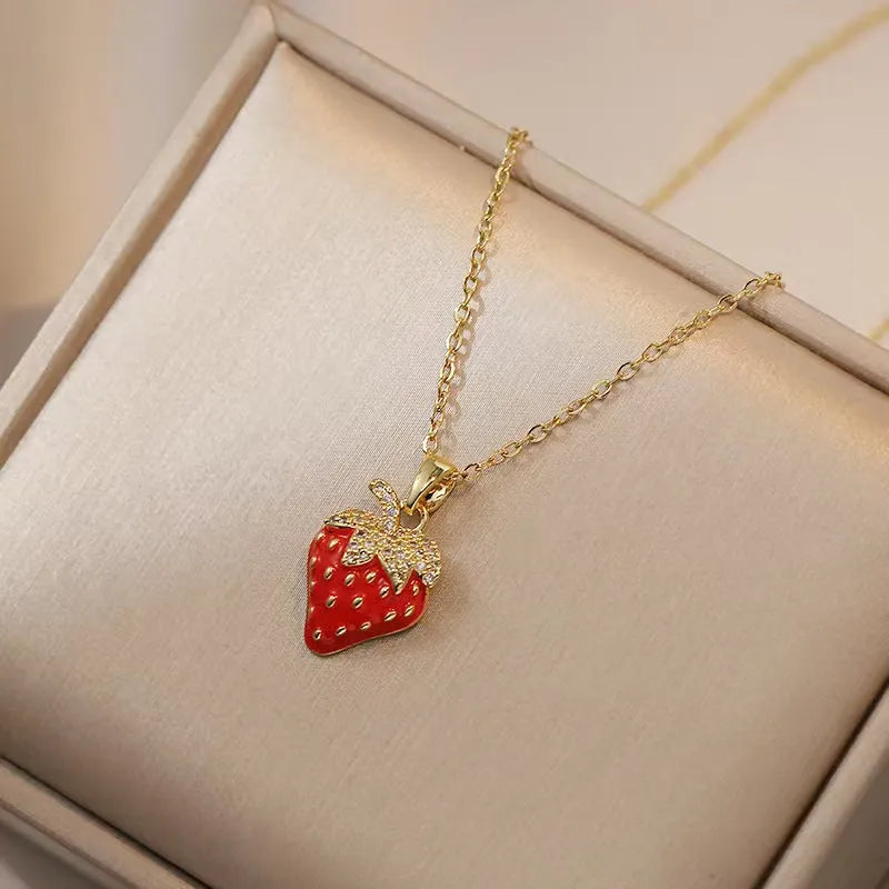 Titanium steel fashion necklace with fruit pendant designs on O-ring chain