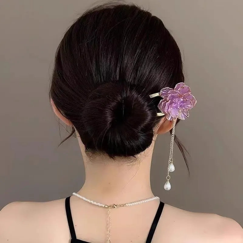 Purple and white peony flower U-shaped hairpin with tassels in retro pastoral style
