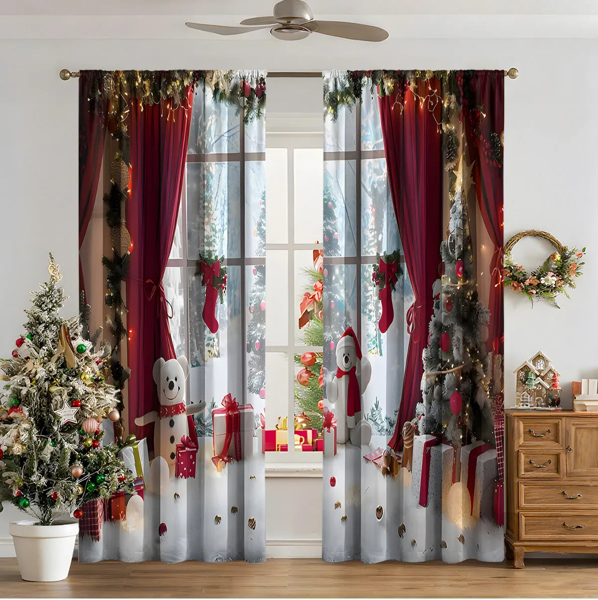 3D digital printed modern Christmas curtain hanging on a window