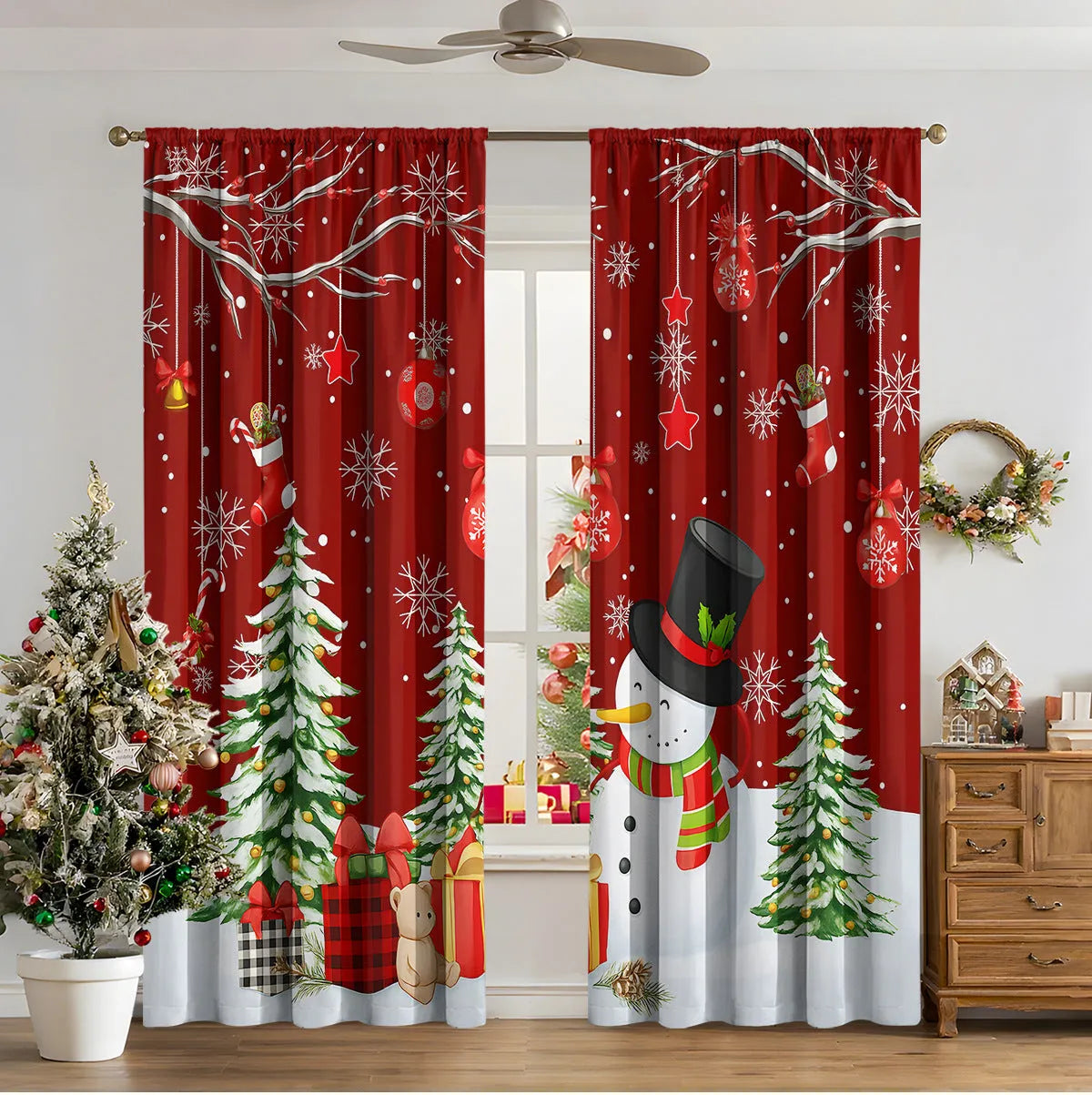 3D digital printed modern Christmas curtain hanging on a window
