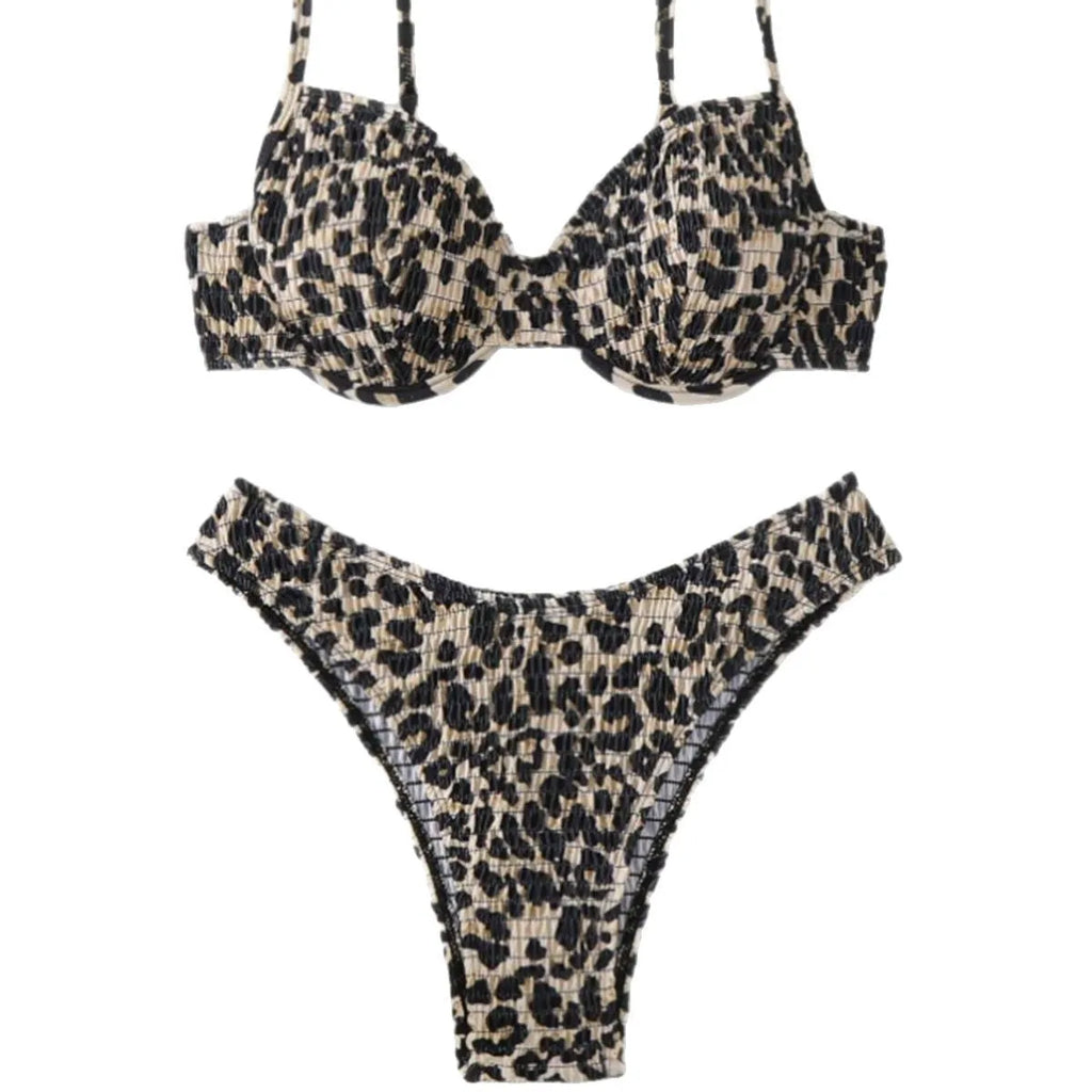 Leopard point bikini swimsuit for women with backless design in brown mixed colour