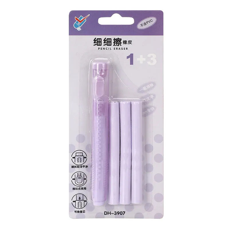 Push type traceless automatic eraser set showing blue, green, pink, and purple units