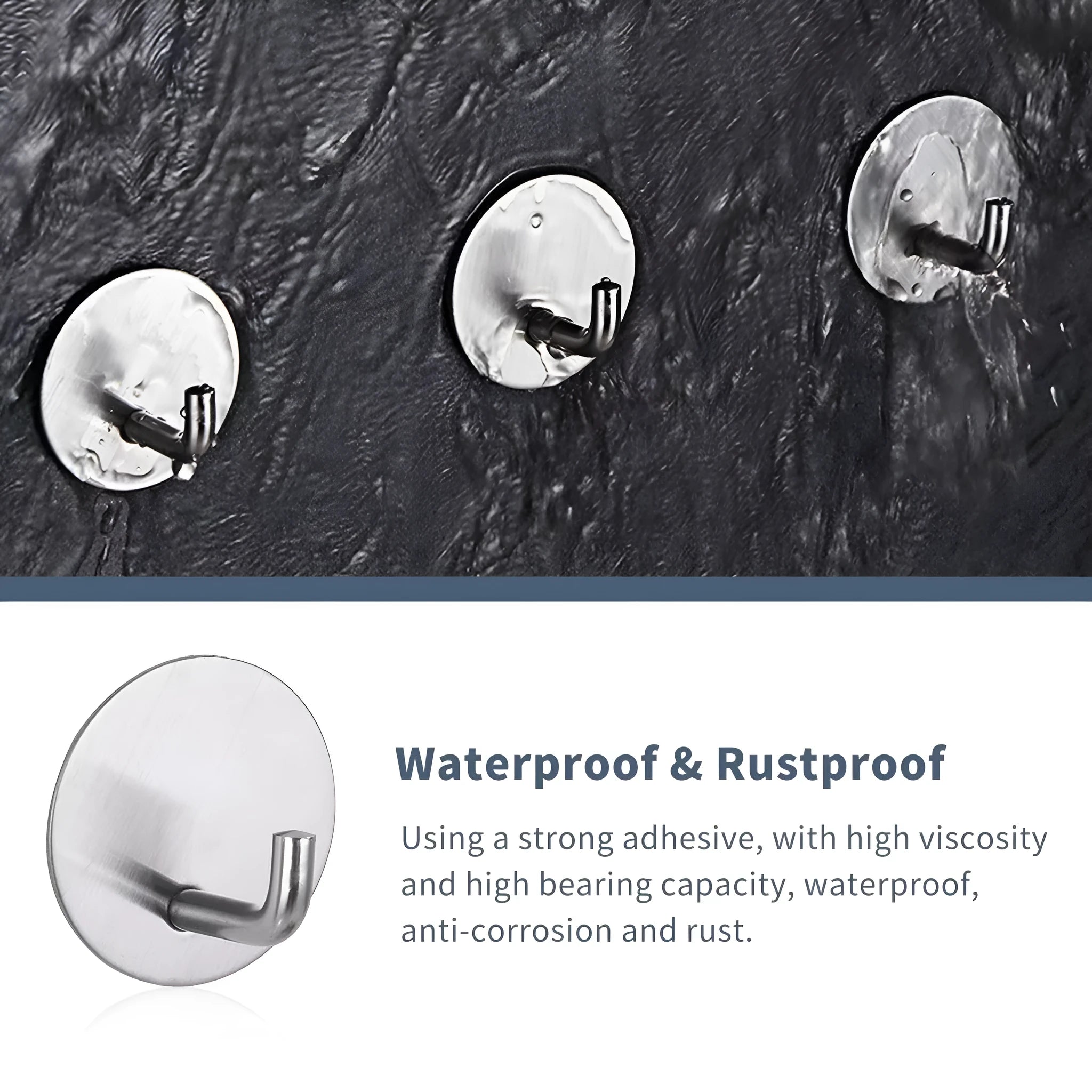 Stainless steel round self-adhesive hook for wall mounting.