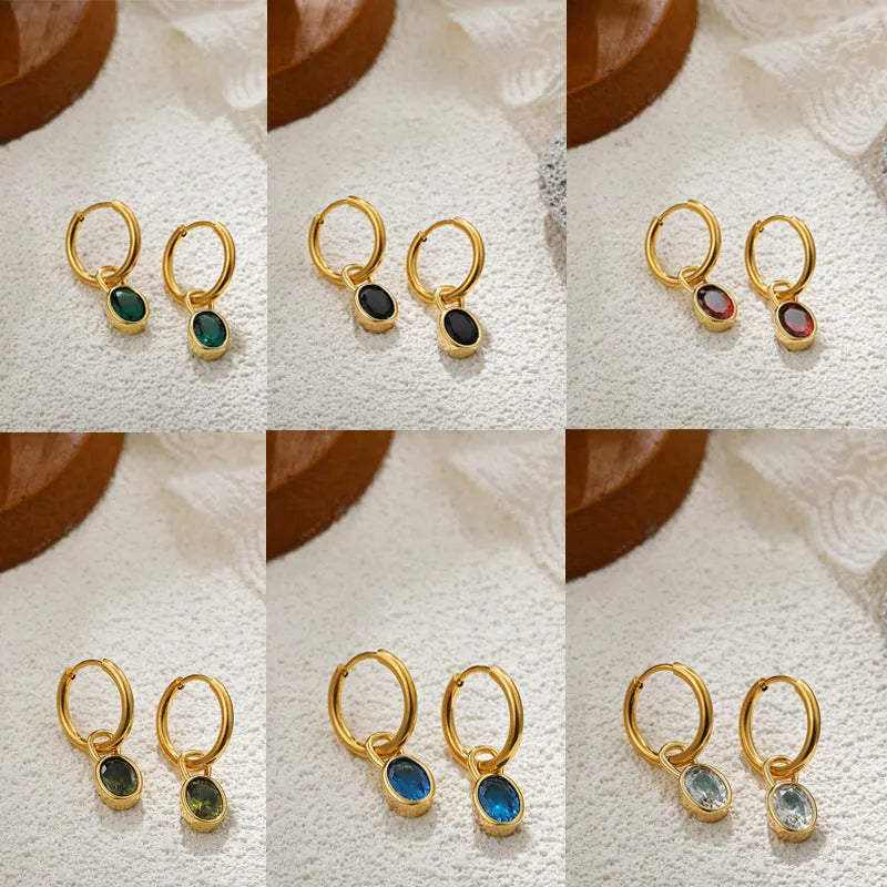 Women's retro simple oval zircon earrings in copper available in six different colours