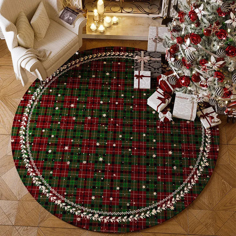 Round red Christmas floor mat with non-slip backing, shown in velvet pile texture.