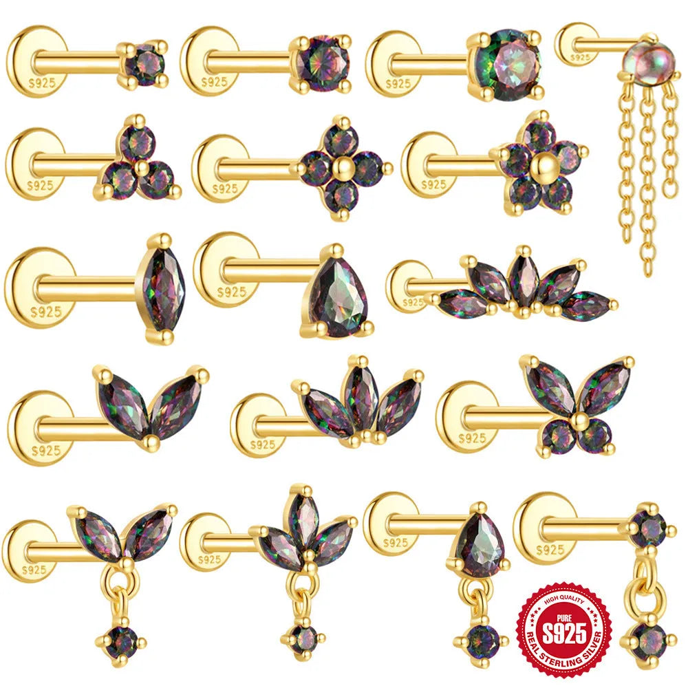 S925 sterling silver flat head thread piercing earring with rainbow stone in geometric design
