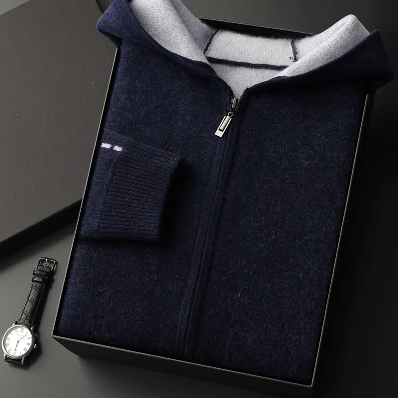 Man wearing a dark blue loose fit cashmere wool cardigan with a half-high zipper collar