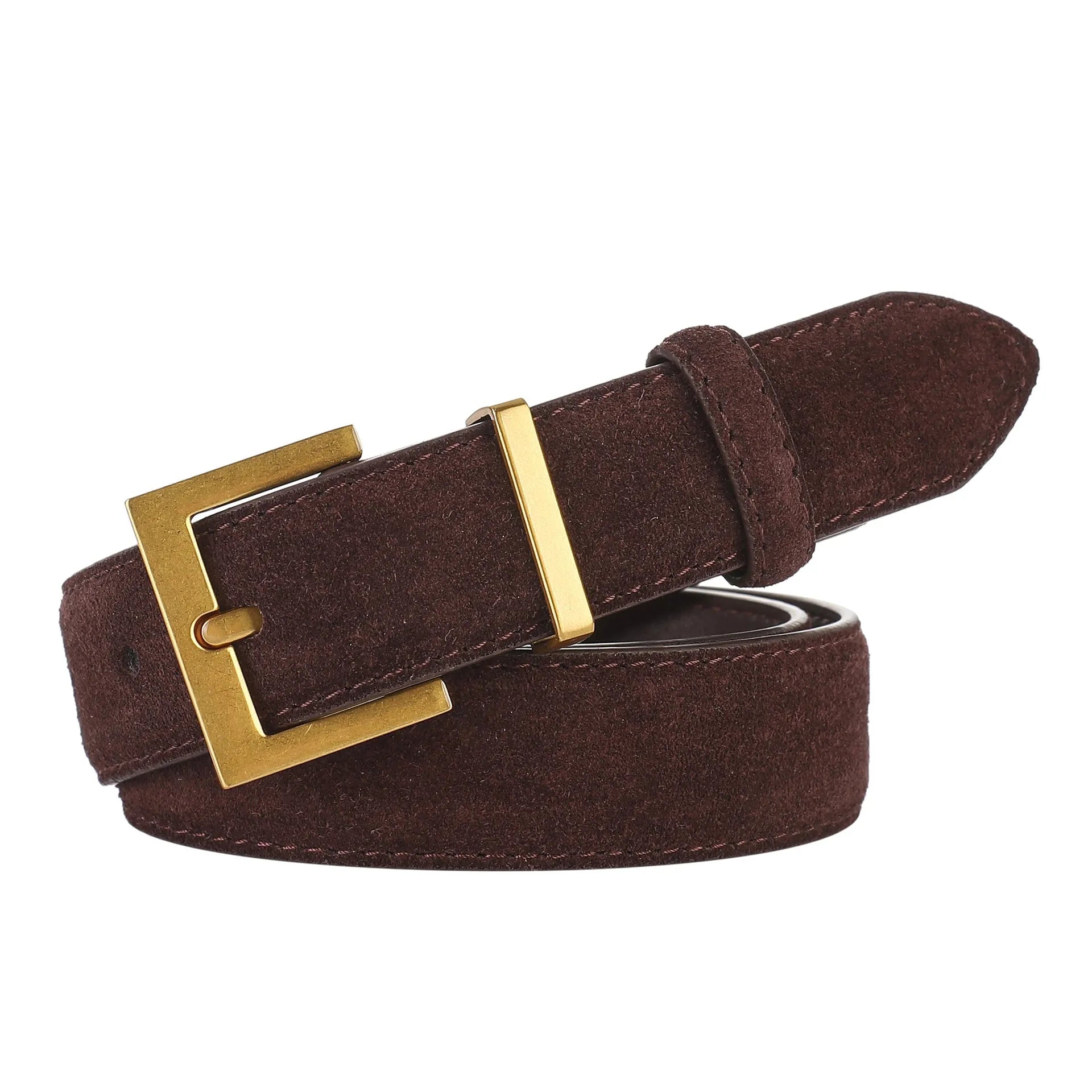 Ladies' black leather belt with alloy pin buckle showing punching texture detail