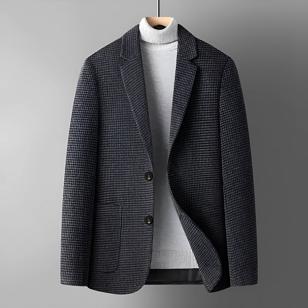 Men's slim fit wool suit jacket in grey shown on a model, suitable for autumn and winter wear.