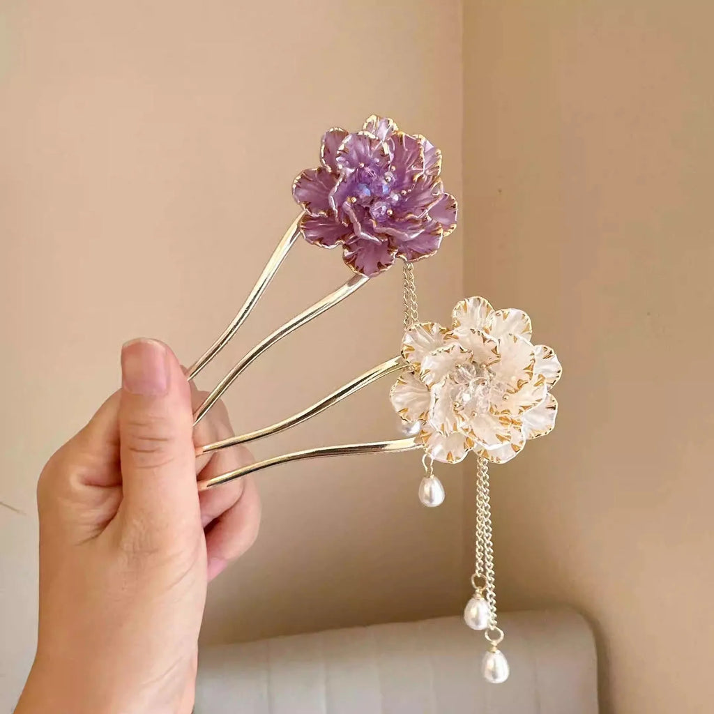 Purple and white peony flower U-shaped hairpin with tassels in retro pastoral style