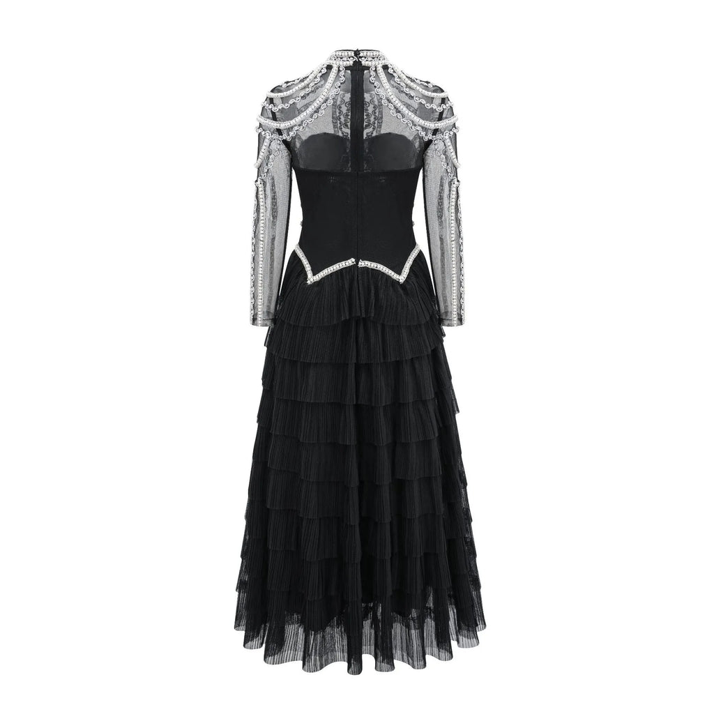 Women's black polyester beaded long sleeve formal dress with mid-waist design