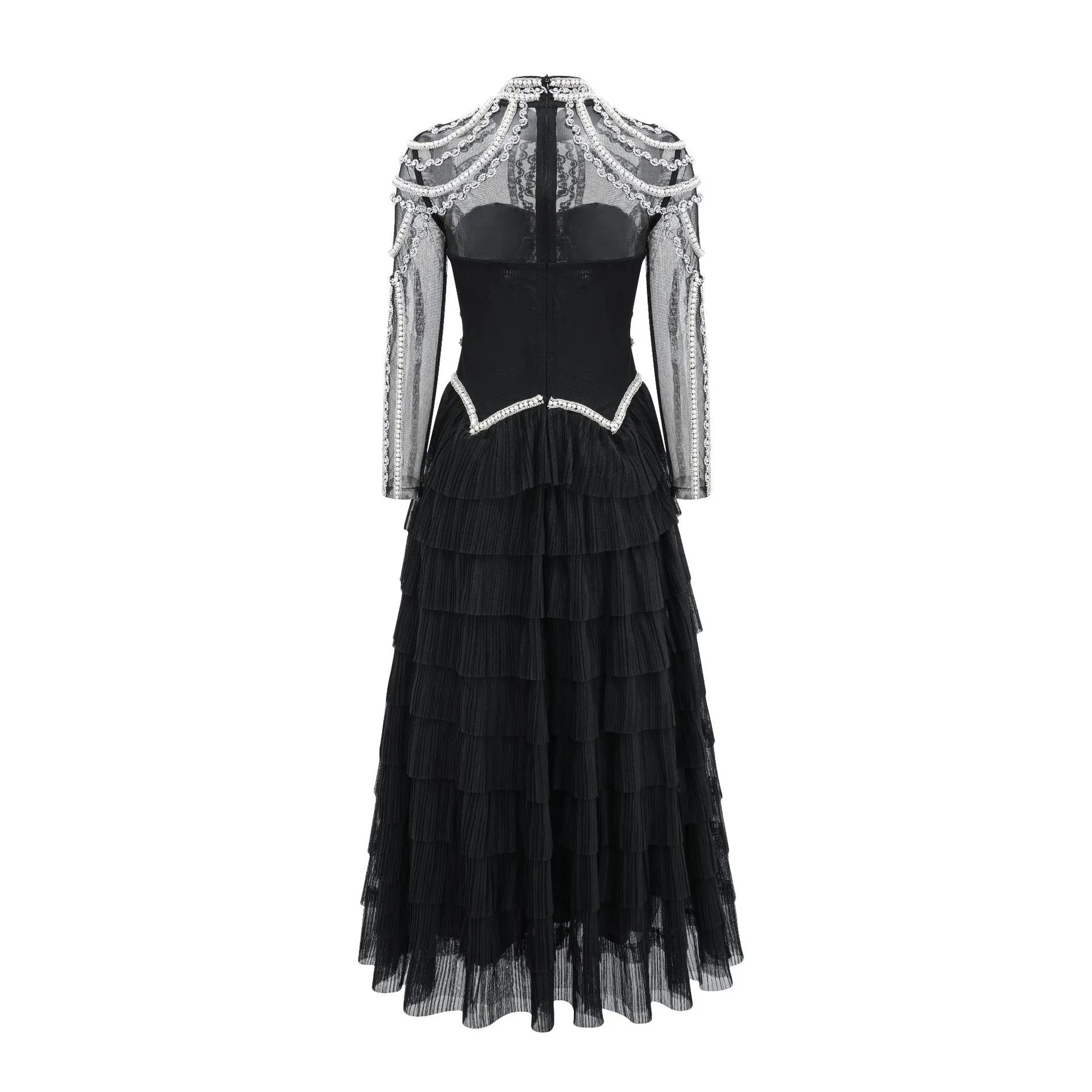 Women's black polyester beaded long sleeve formal dress with mid-waist design