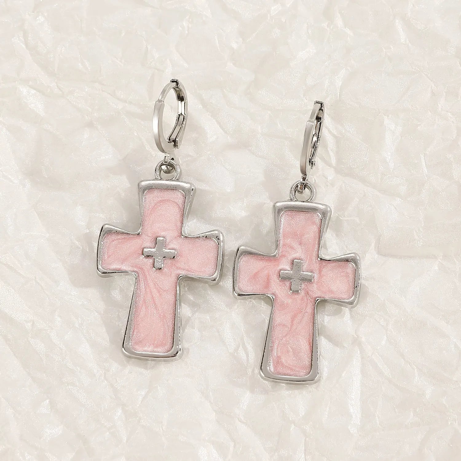 Women's cross crystal earrings in alloy with five colour options showing drip oil finish and geometric designs