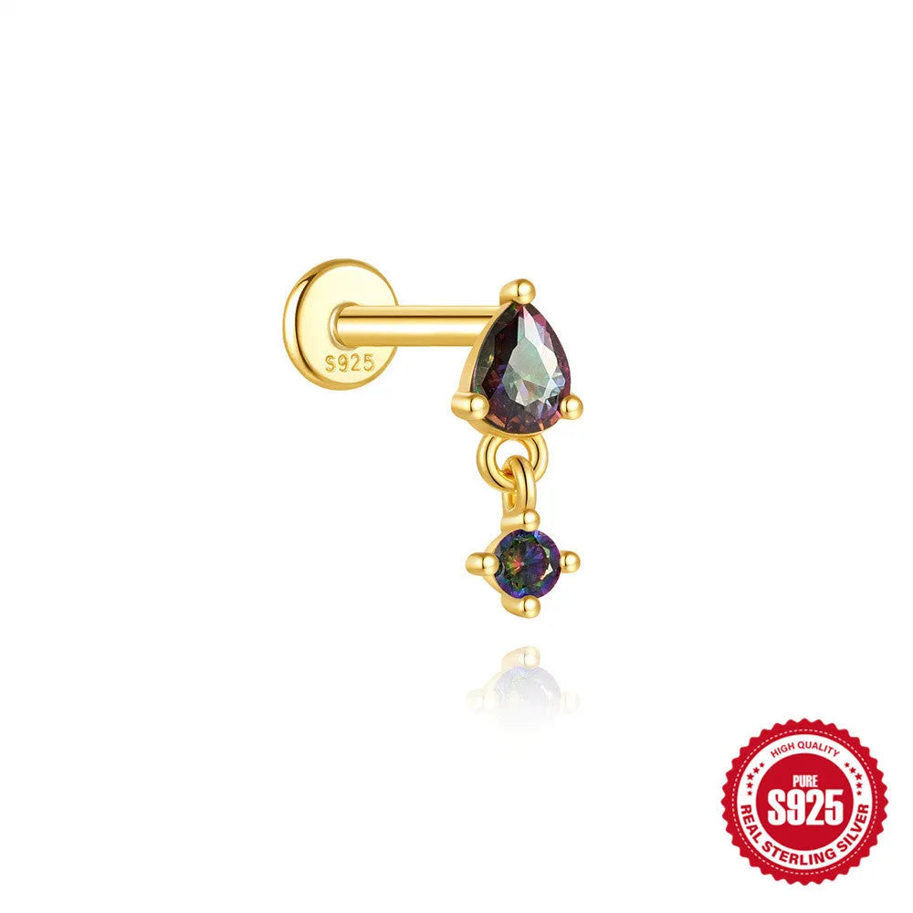 S925 sterling silver flat head thread piercing earring with rainbow stone in geometric design