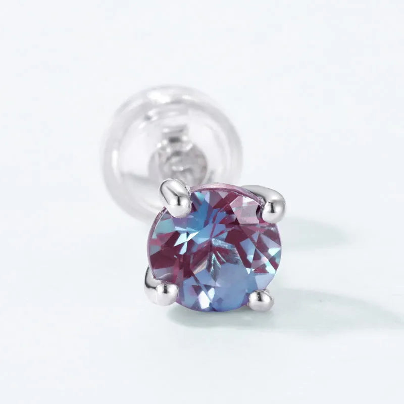 Round geometric silver ear studs with cultivé Alexandrite stone for women