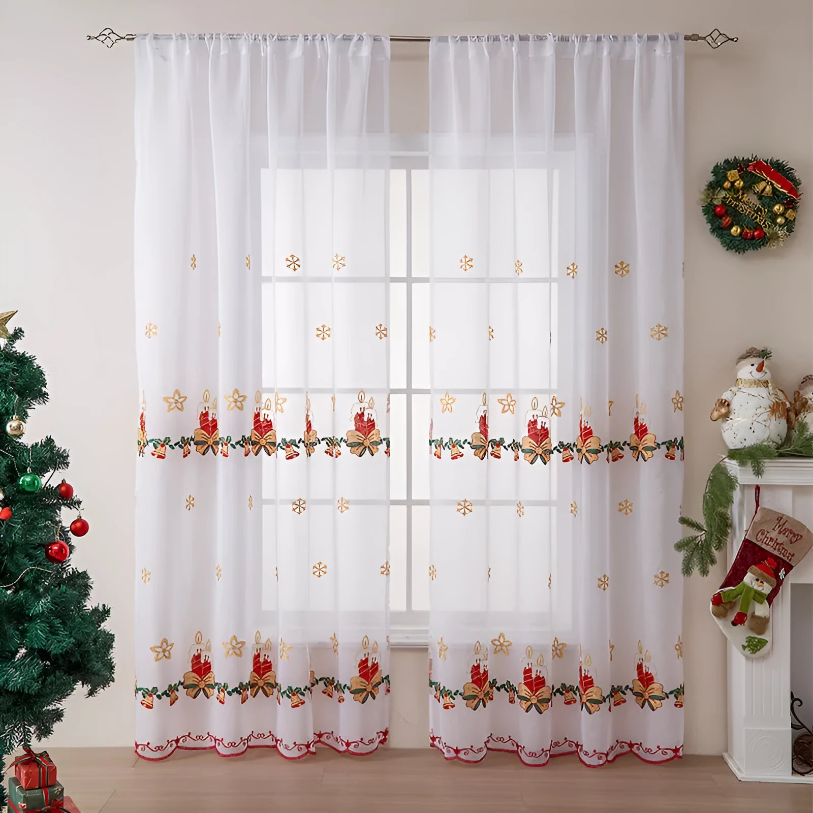American Christmas curtains with white snowflake embroidery on red polyester fabric