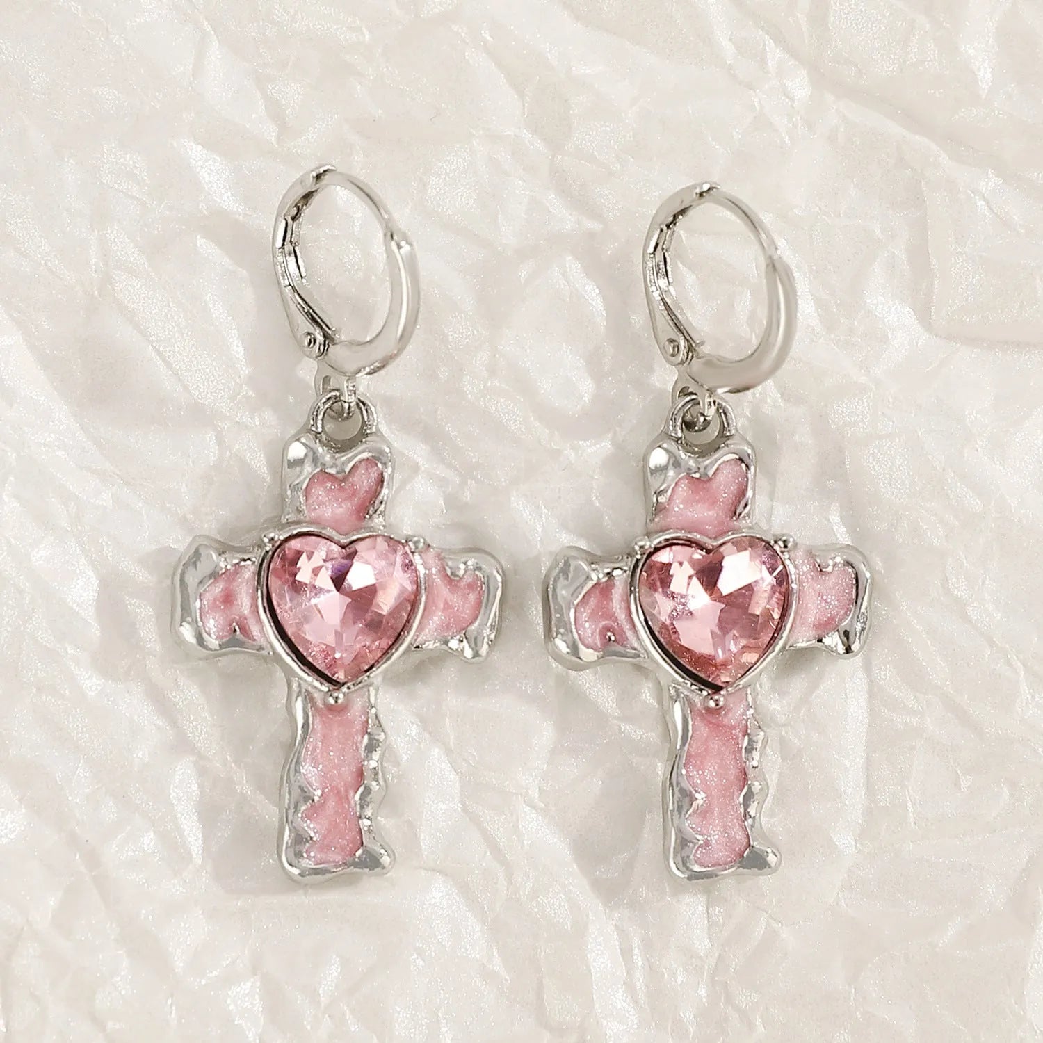Women's cross crystal earrings in alloy with five colour options showing drip oil finish and geometric designs
