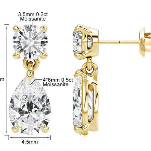 Geometric water drop moissanite stud earrings in sterling silver with gold or silver finish