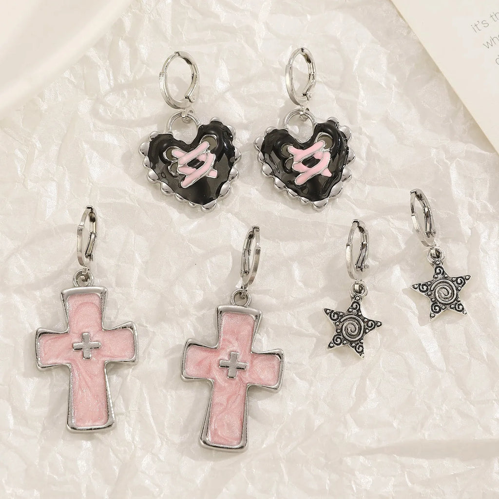 Women's cross crystal earrings in alloy with five colour options showing drip oil finish and geometric designs