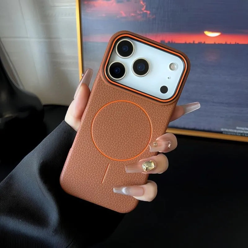 Magnetic ring TPU phone case with embossed lychee pattern in black for iPhone series