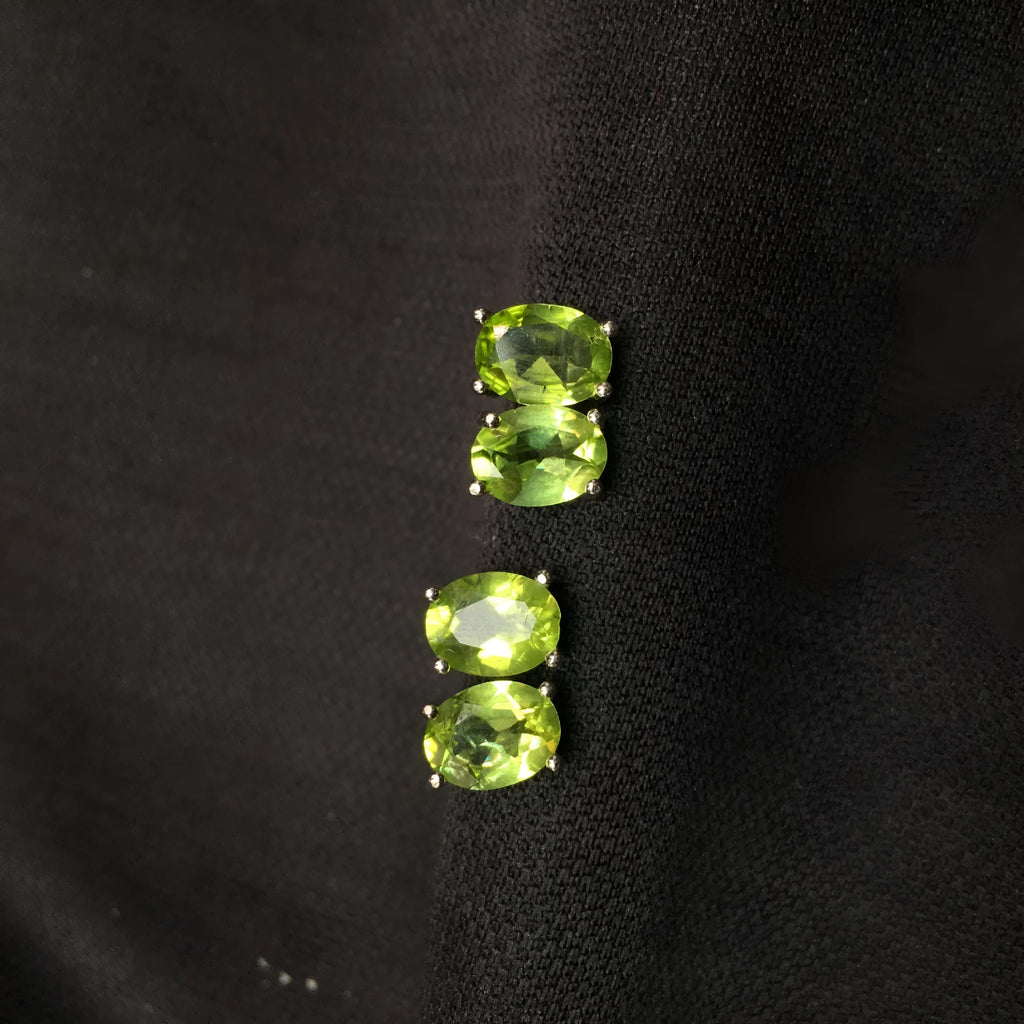 Natural grass green olivine stud earrings in S925 sterling silver with 6x8mm oval stone