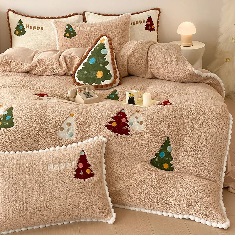Bright yellow Christmas bedding four-piece set with cartoon animation pattern on milk fibre fabric