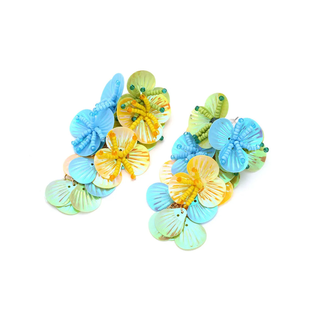 Handmade beaded flower earrings with floral and leaf designs in colourful, rose or purple colours
