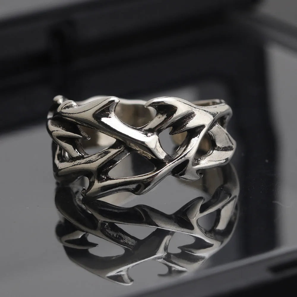 Geometric thorn flower copper men's ring with adjustable opening