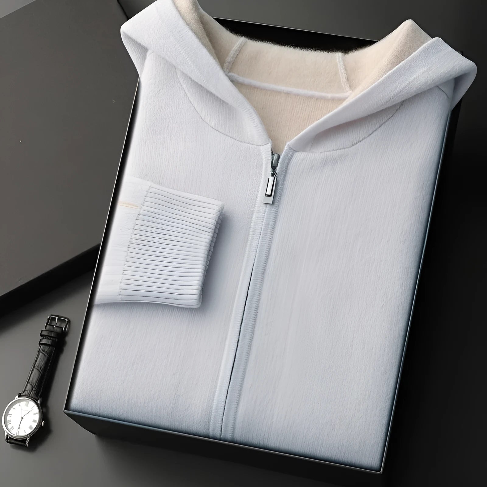 Man wearing a dark blue loose fit cashmere wool cardigan with a half-high zipper collar