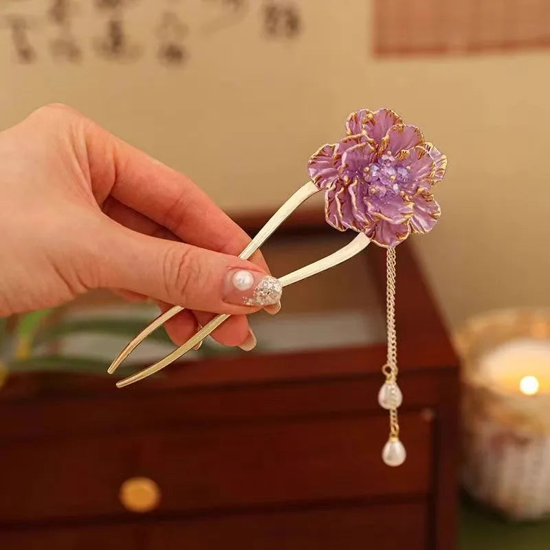 Purple and white peony flower U-shaped hairpin with tassels in retro pastoral style