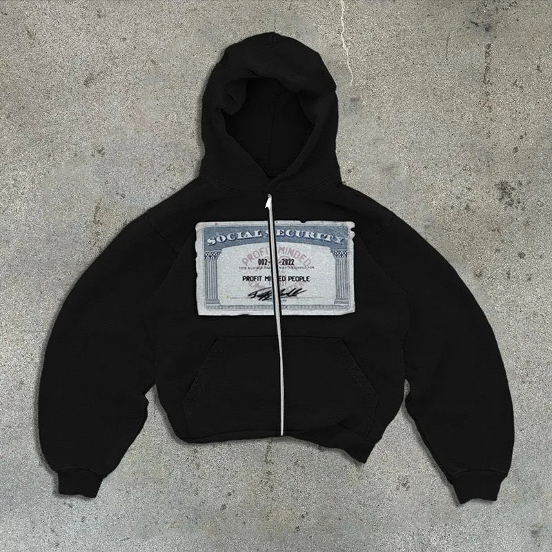 A loose fit black hoodie jacket with a front zipper, pockets, and a white letter print design.