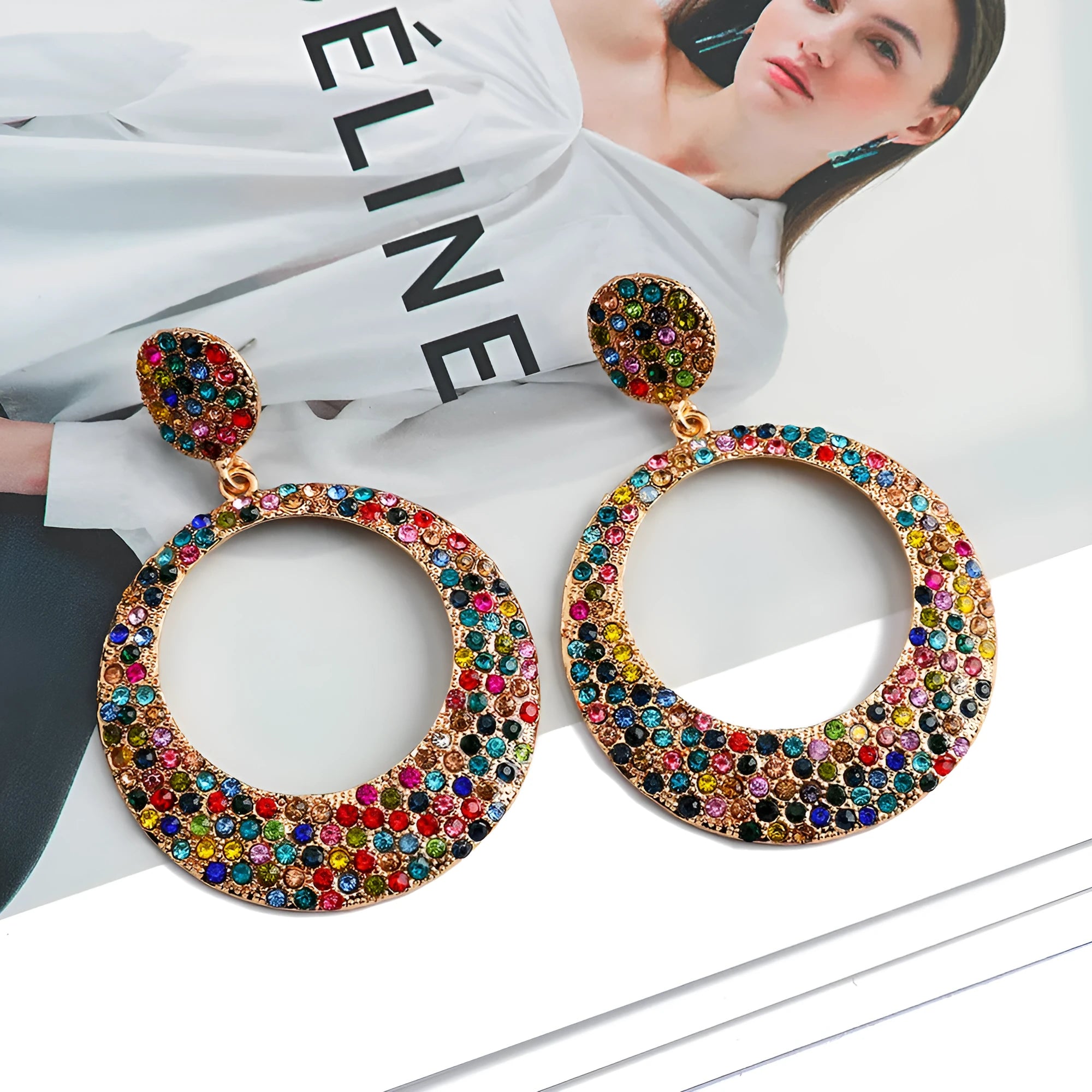 Large round metal earrings with diamond pattern and colourful cartoon design for women