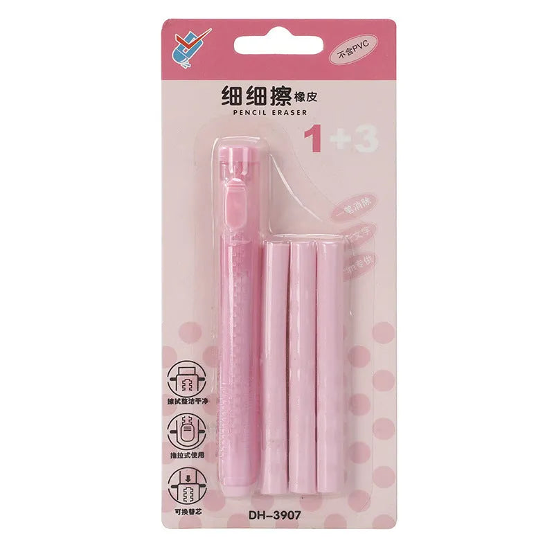 Push type traceless automatic eraser set showing blue, green, pink, and purple units