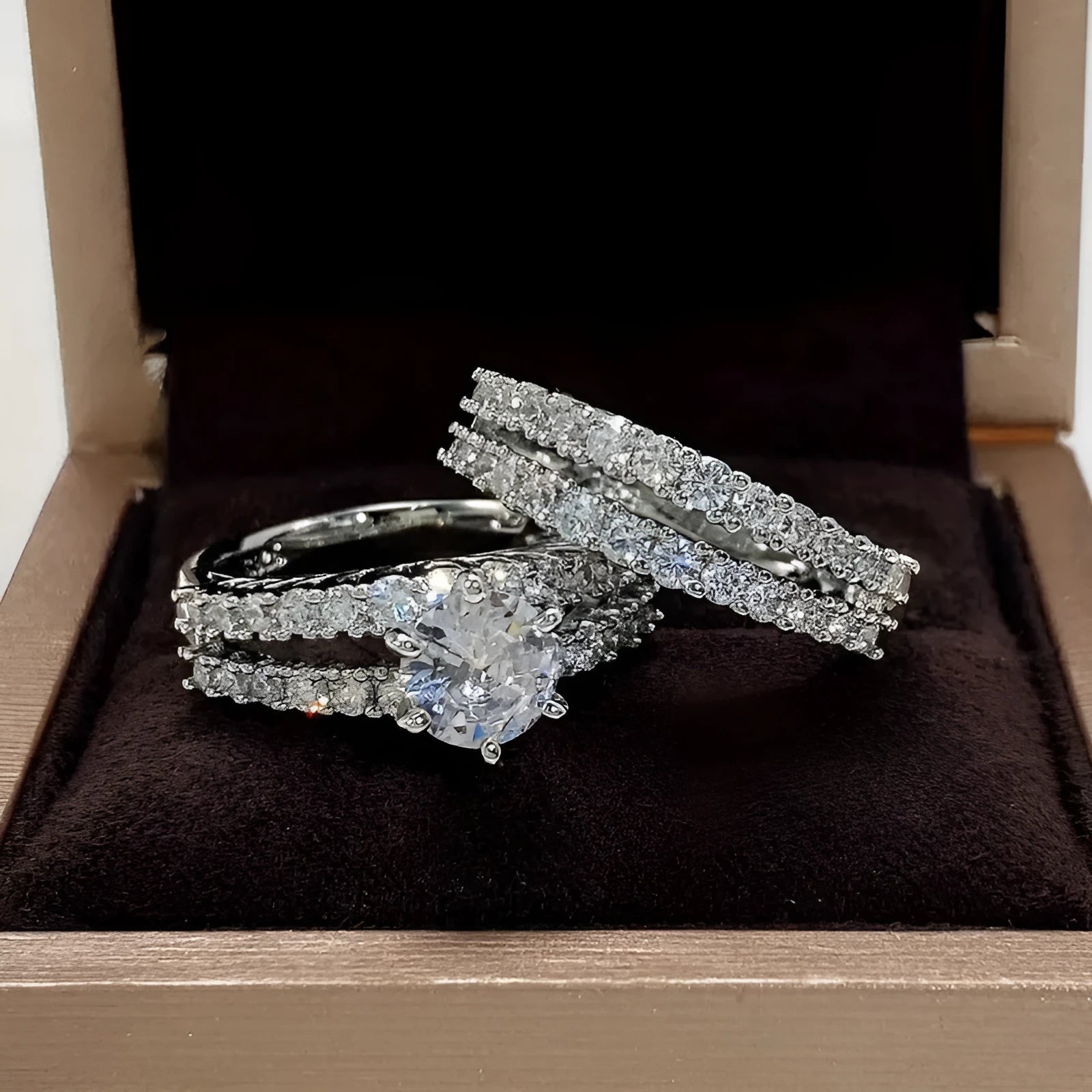 Fully jewelled 2-in-1 female ring set in alloy with silver, gold, and rose gold colour options