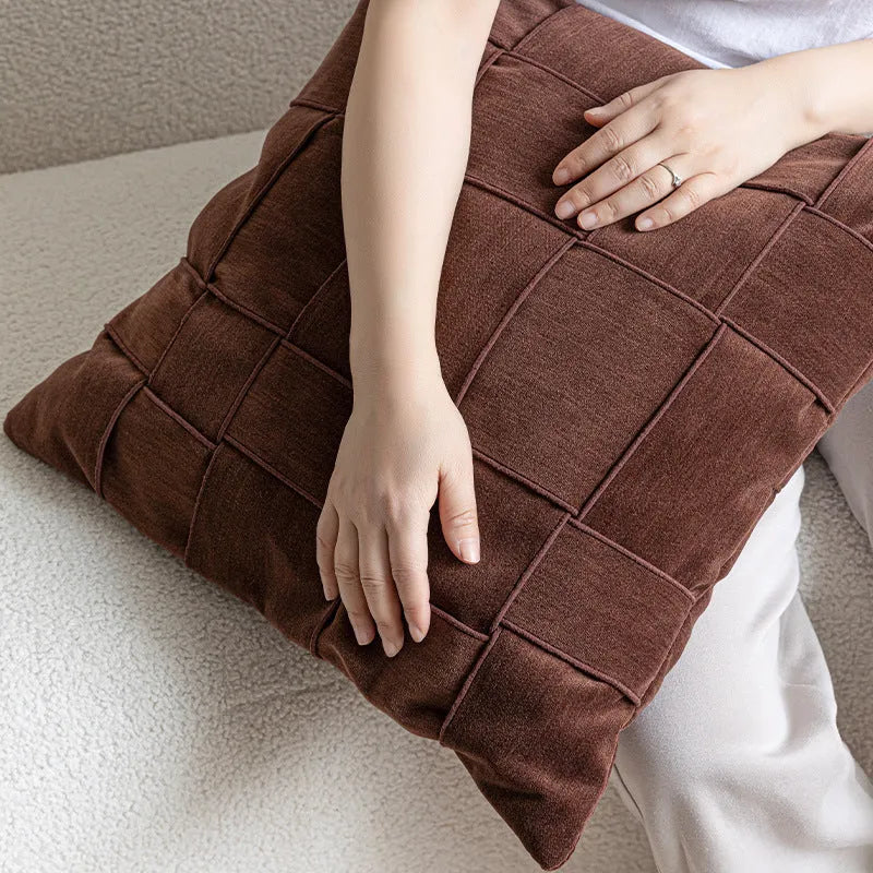 Square 50x50cm chenille woven decorative pillow in beige colour with textured fabric.
