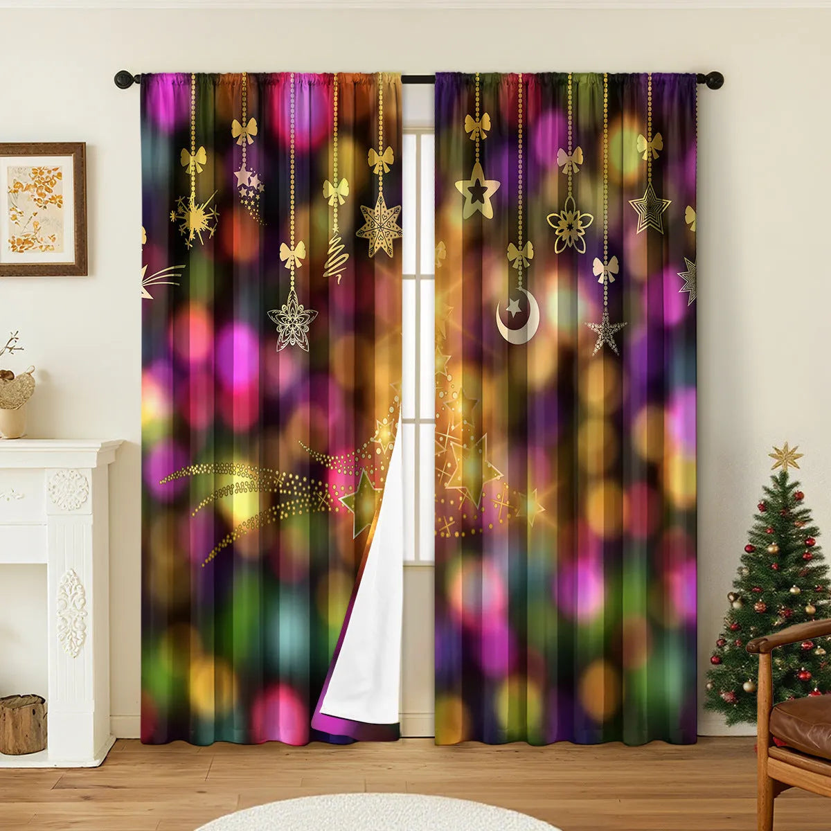Pair of red and green Christmas theme digitally printed polyester curtains hanging on a window.