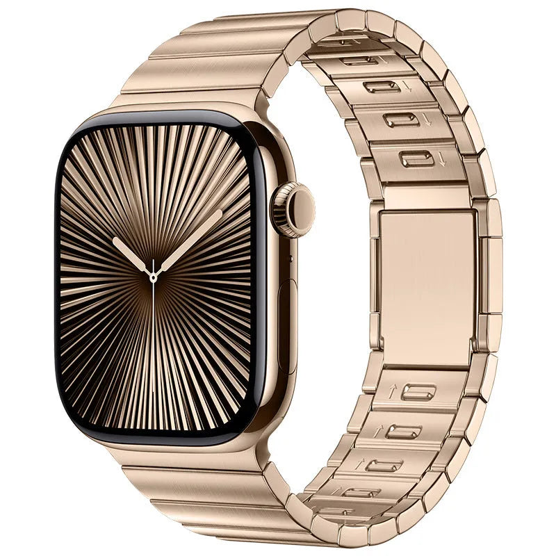 Stainless steel Apple Watch strap with magnetic buckle in business style.