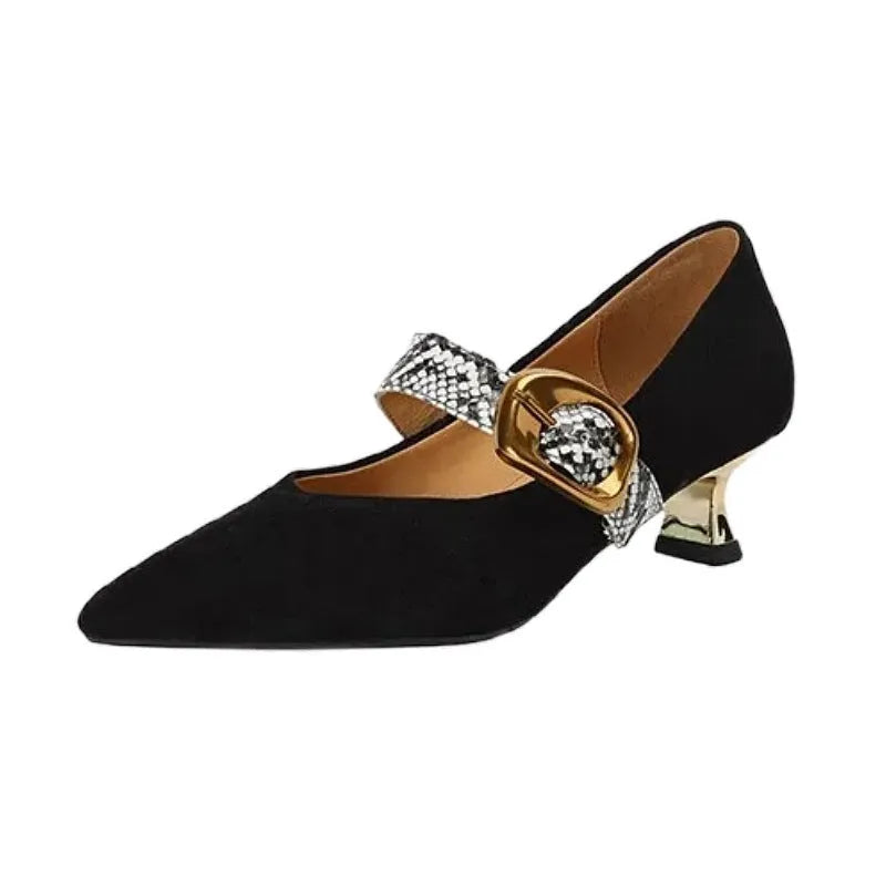 Black pointed toe stiletto high heels with a buckle strap across the instep.