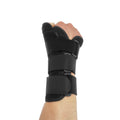 Carbon fibre reinforced sports wrist guard with thumb strap shown in black with grey edging