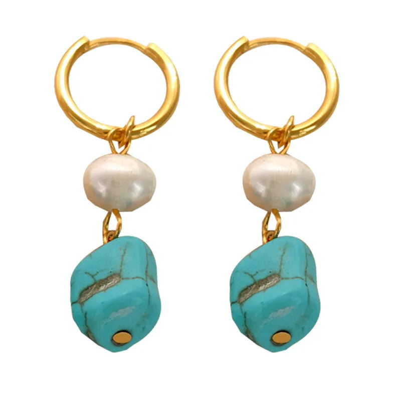 A pair of short and a pair of dangle geometric turquoise copper earrings.