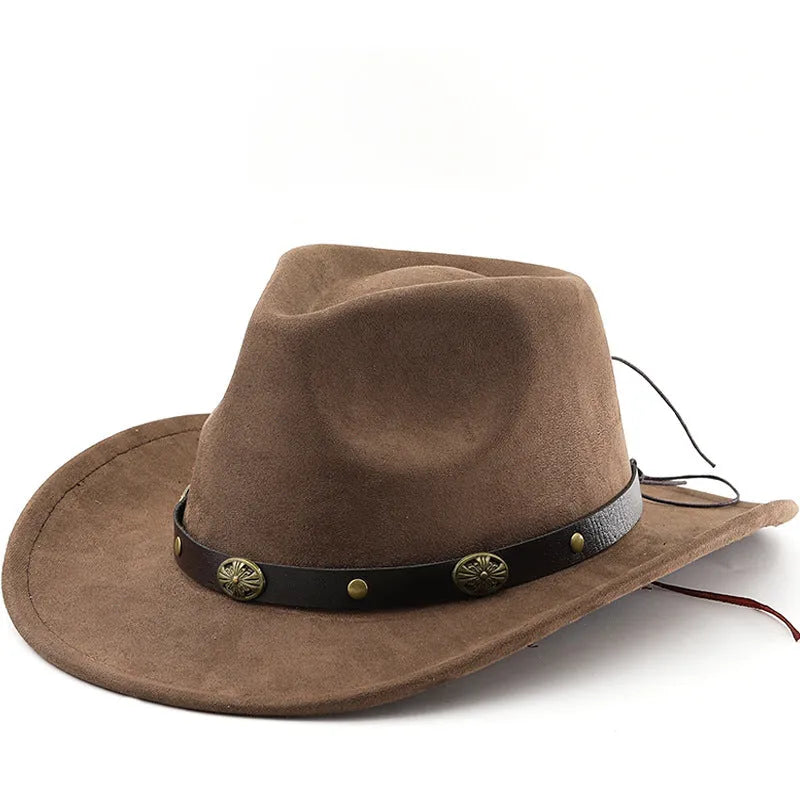 Brown leather velvet western cowboy hat with curved edge and conical crown style