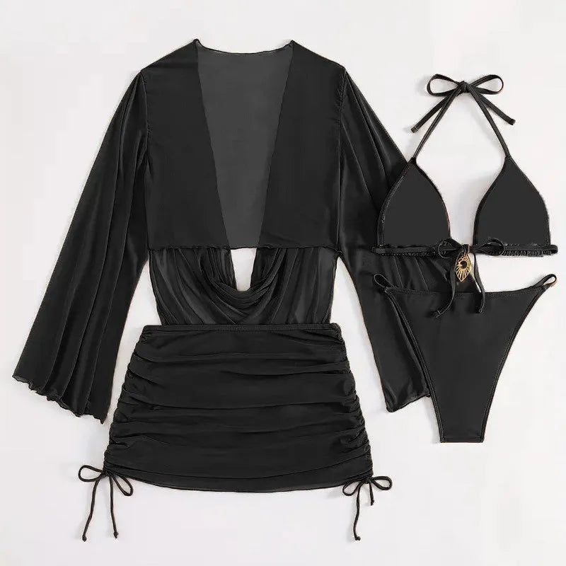 Women's dark brown lace-up front bikini swimsuit with backless design