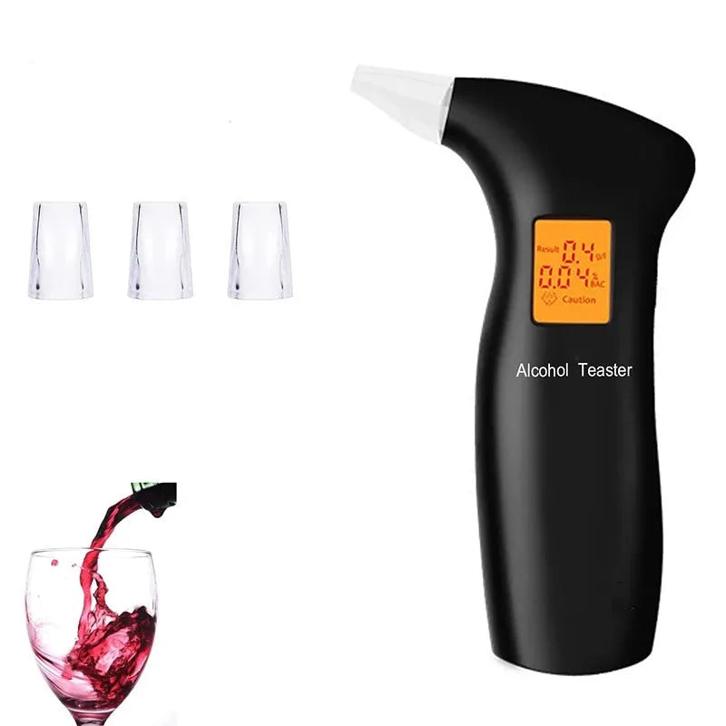 Portable orange light breath alcohol tester with replaceable mouthpieces in orange light black colour