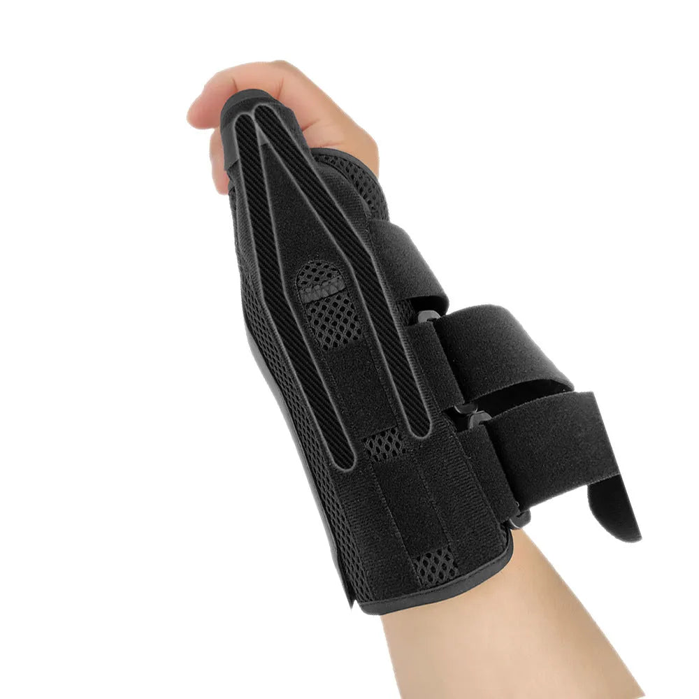Carbon fibre reinforced sports wrist guard with thumb strap shown in black with grey edging